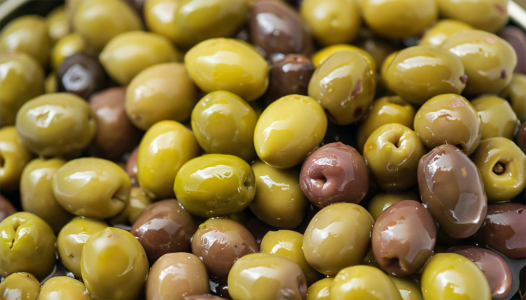A close-up of fresh green and black olives showcasing rich textures and colors.