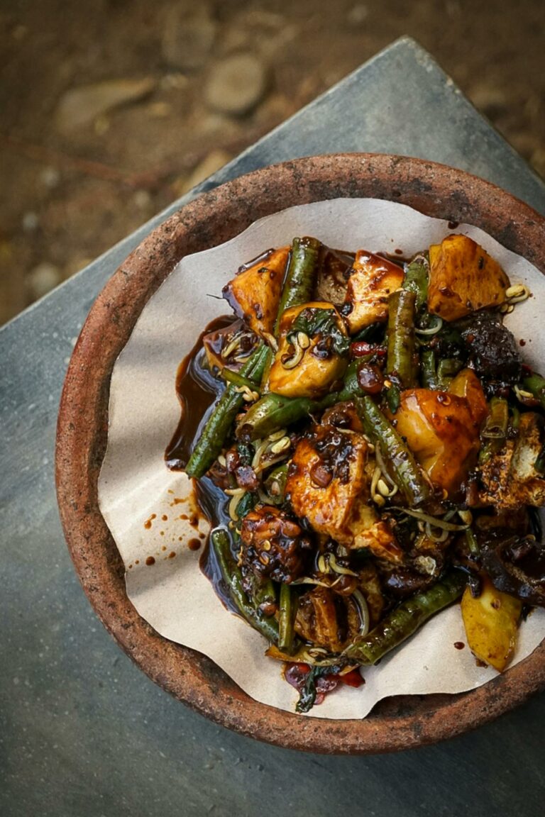 A flavorful Indonesian vegetable dish served in a rustic stone bowl, showcasing traditional flavors.